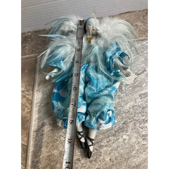 Vintage‎ Porcelain Doll Blue Feathered Costume Ballerina